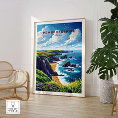 Pembrokeshire Print featuring stunning coastal cliffs and vibrant waters of Wales in a stylish interior setting.