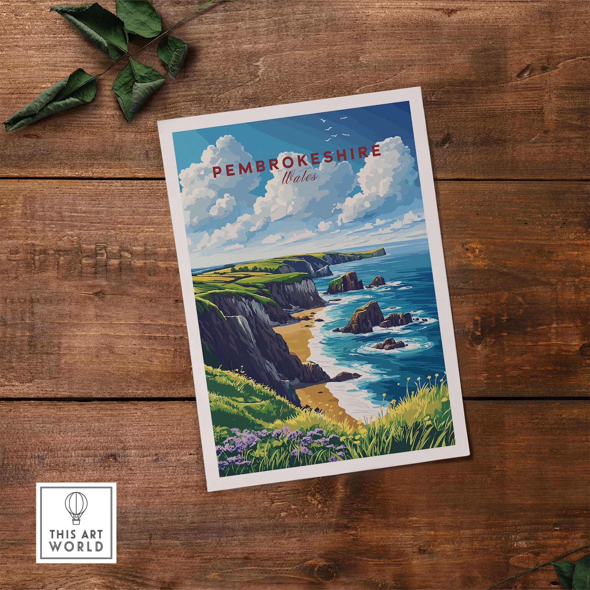 Pembrokeshire Print showcasing dramatic cliffs and coastline of Wales, perfect for home decor.