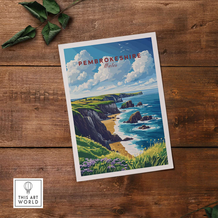 Pembrokeshire print showcasing cliffs and coast of Wales, colorful art for home decor inspiration.