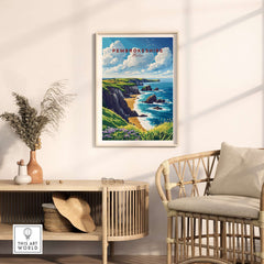 Pembrokeshire Print showcasing the rugged cliffs and sparkling waters of Wales in a stylish home decor setting.