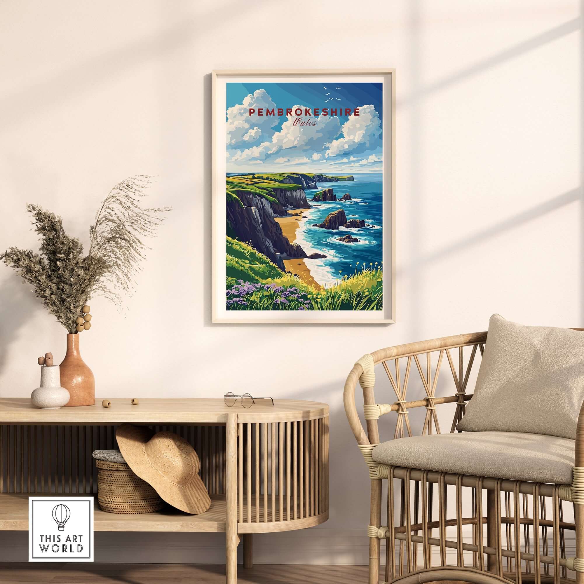 Pembrokeshire Print showcasing the rugged cliffs and sparkling waters of Wales in a stylish home decor setting.