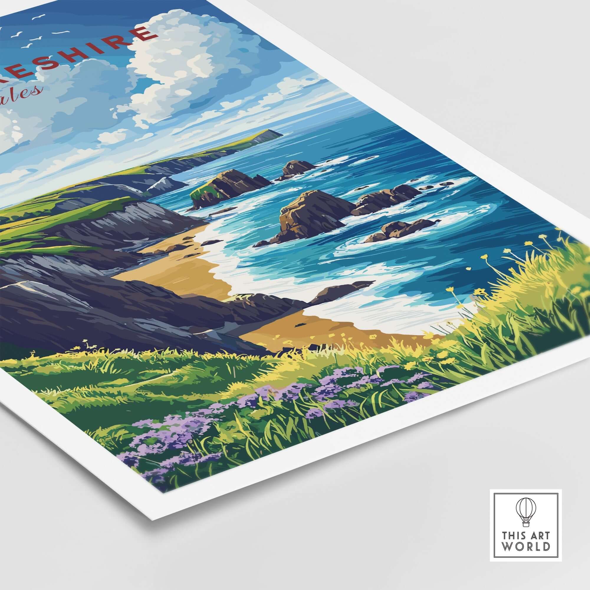 Pembrokeshire Print showcasing cliffs and sparkling waters of Pembrokeshire coast in vibrant colors.