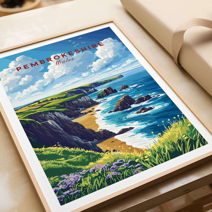 Pembrokeshire Print showcasing cliffs and ocean, capturing the beauty of the Welsh coast in vibrant colors.