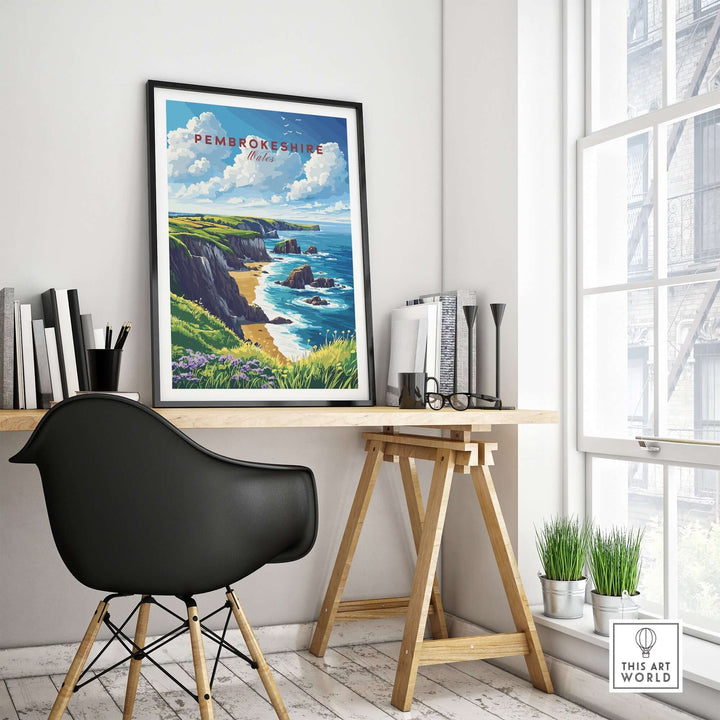 Pembrokeshire print displayed in a stylish home office, highlighting scenic cliffs and coastal beauty of Wales.