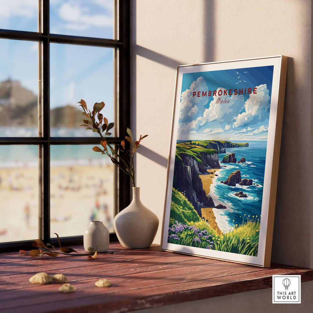 Pembrokeshire print showcasing cliffs and coast of Wales, framed and displayed in a sunlit room by a window.