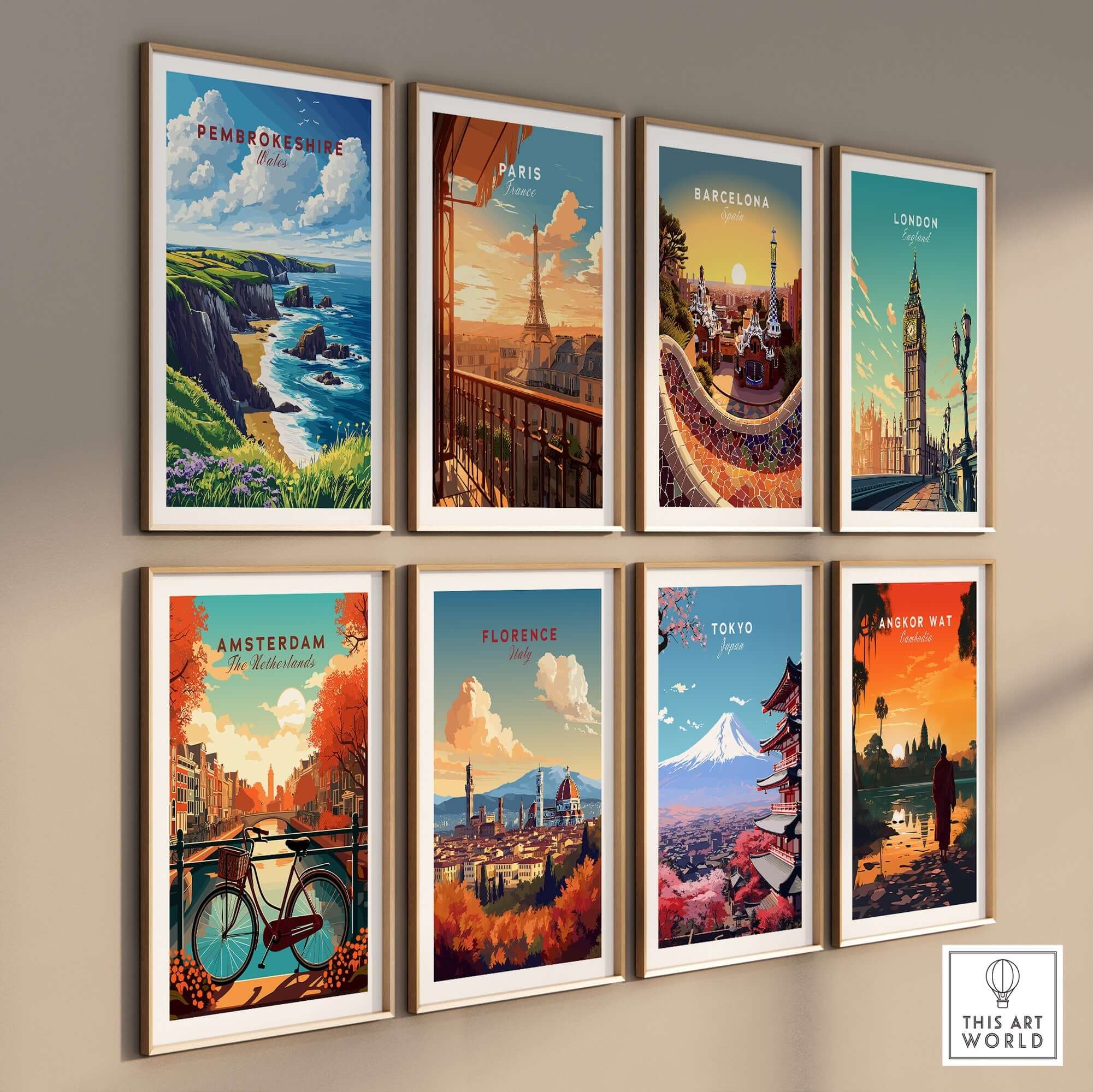 Pembrokeshire Print and other city prints displayed in a gallery wall arrangement.