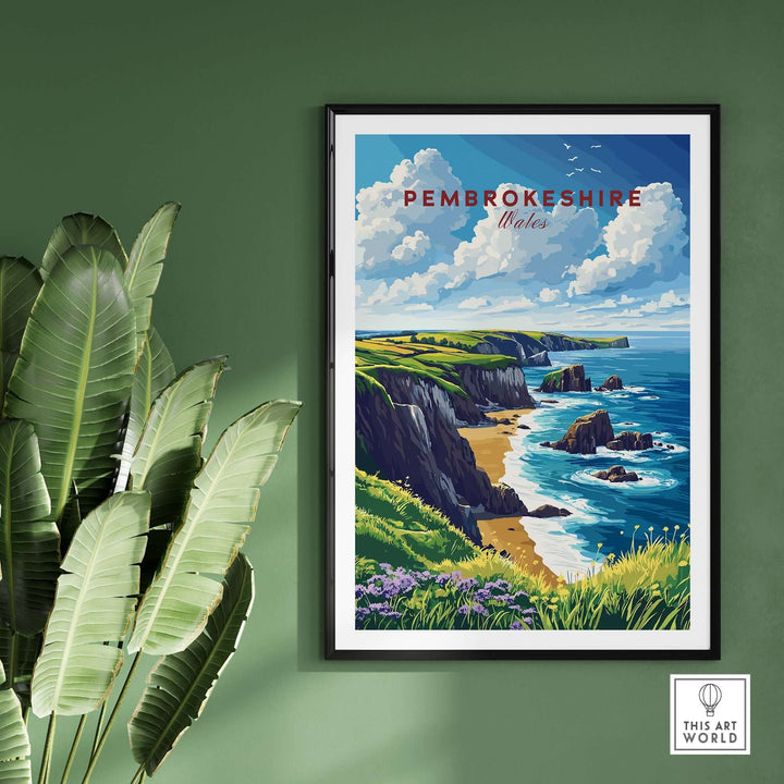 Pembrokeshire Print showcasing Wales' rugged cliffs and coastline, framed on a green wall with indoor plants.