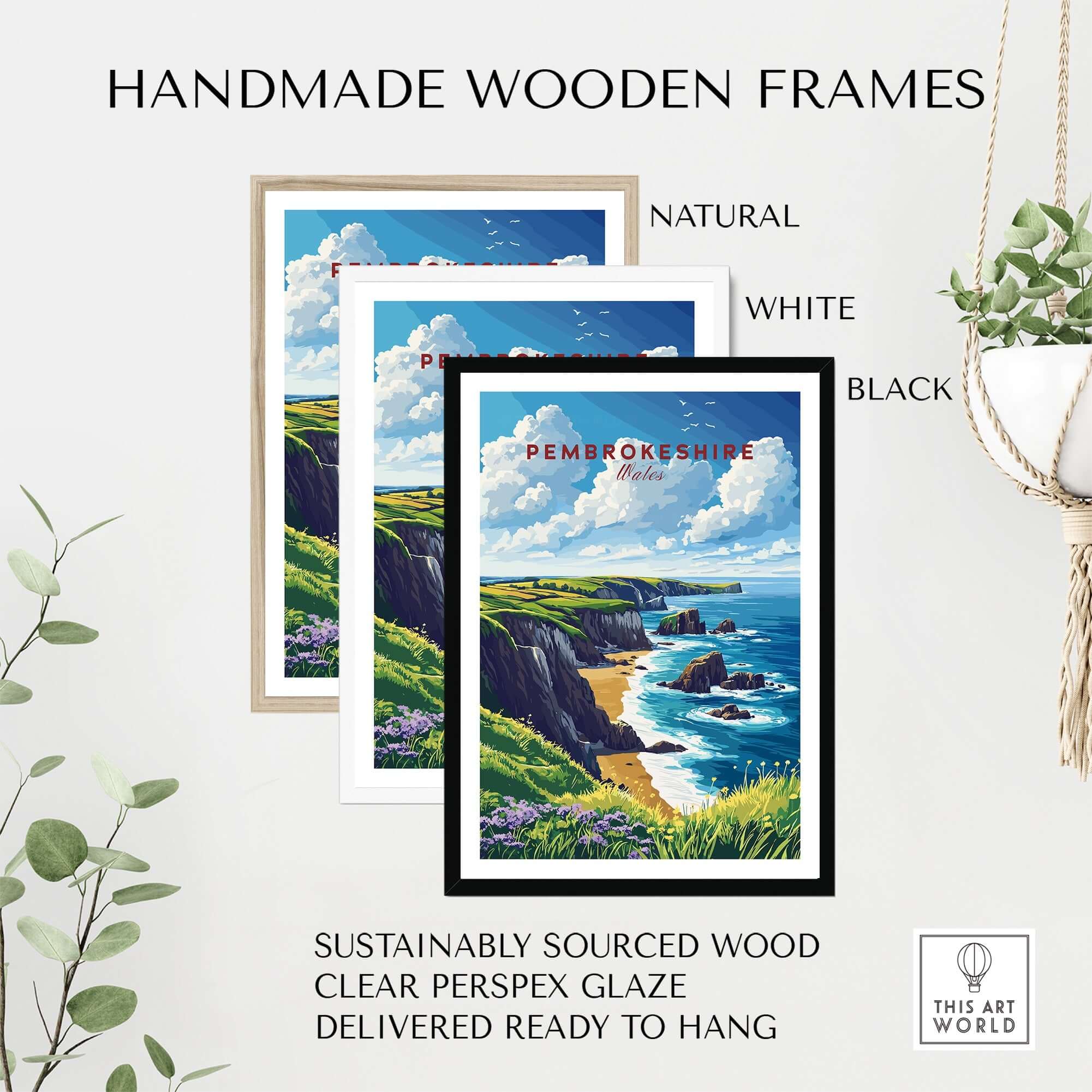 Pembrokeshire Print framed in handmade wooden frames available in natural, white, and black.