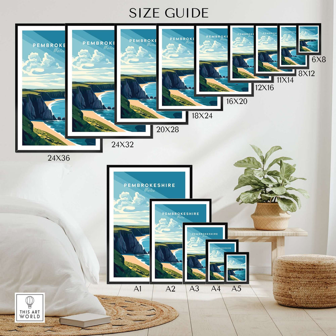 Size guide for Pembrokeshire Print Wales showcasing various frame sizes in a stylish interior setting.