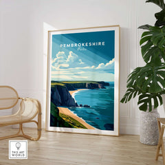 Pembrokeshire Print Wales showcasing a vibrant coastal scene with stunning landscapes and bright colors.