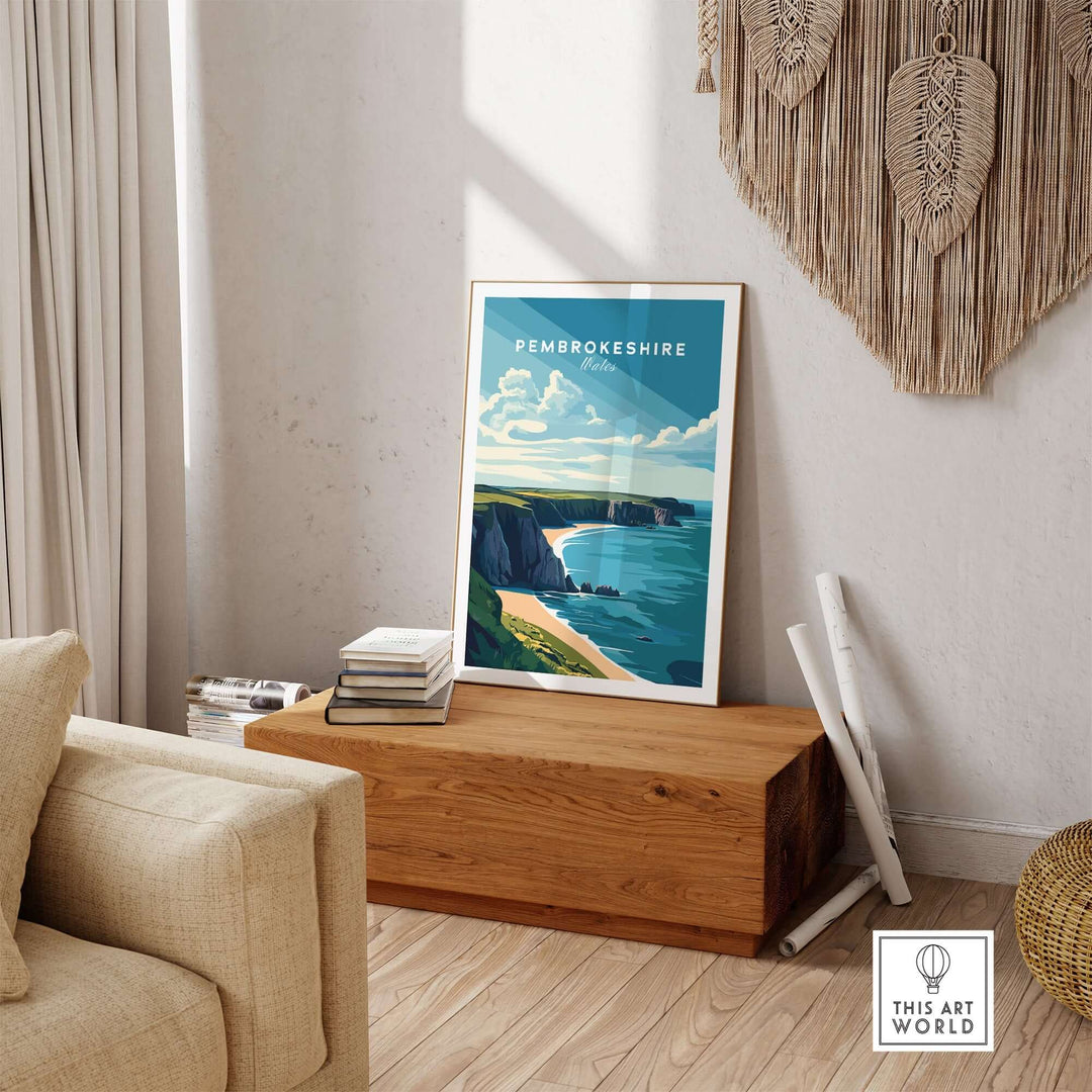 Pembrokeshire Print showcasing vibrant Welsh coastline scenery in a modern living room setting.