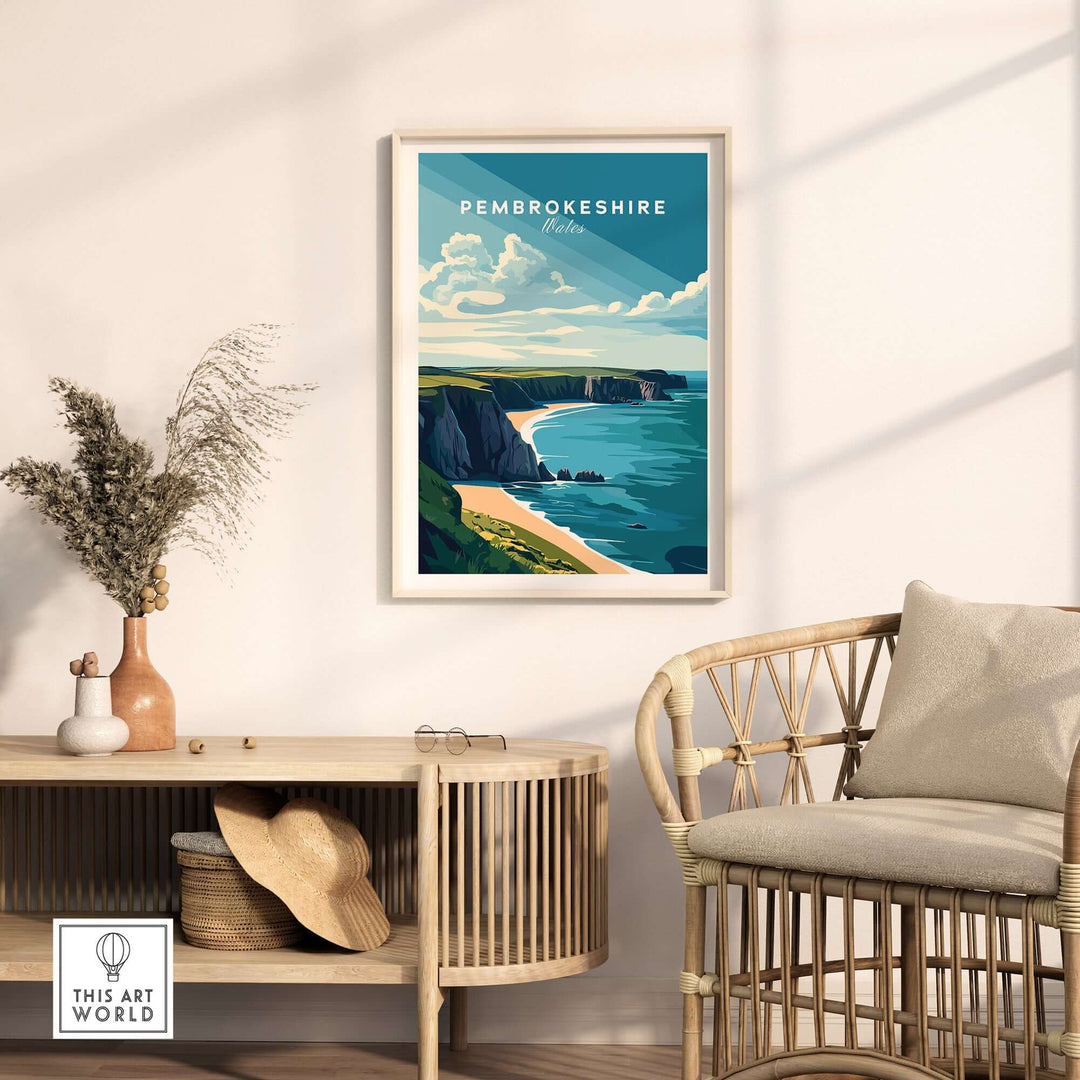 Pembrokeshire Print showcasing the stunning Welsh coastline in vibrant colors, framed and displayed in a stylish interior setting.