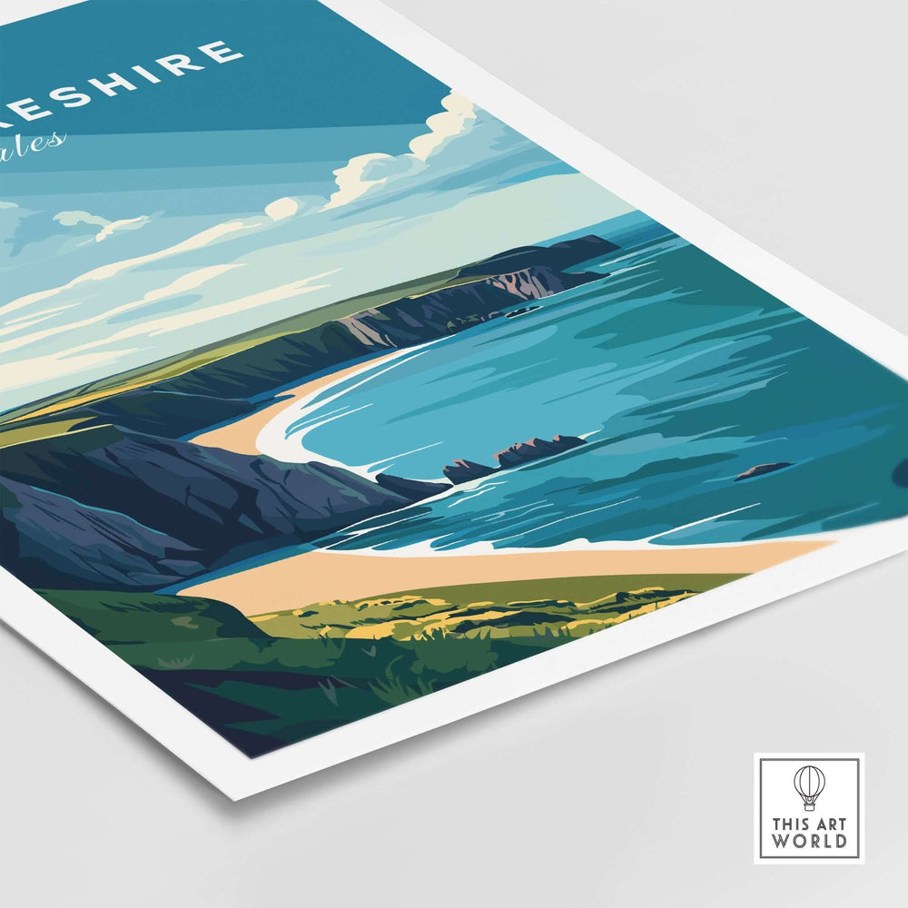 Pembrokeshire Print capturing vibrant Welsh coastline, featuring blue waters and lush landscapes in stunning detail.