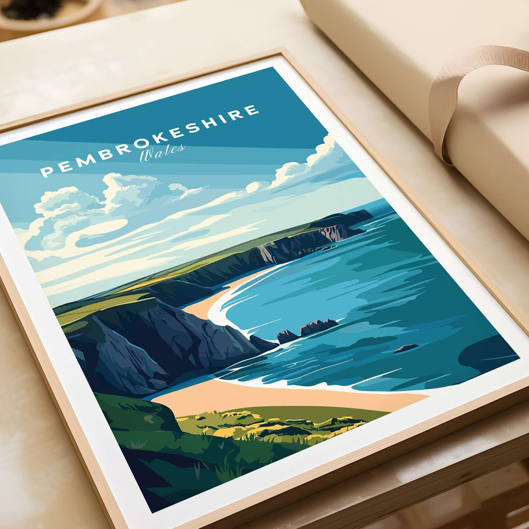 Pembrokeshire Print showcasing the Welsh coastline with vibrant colors and stunning landscapes in a framed design.