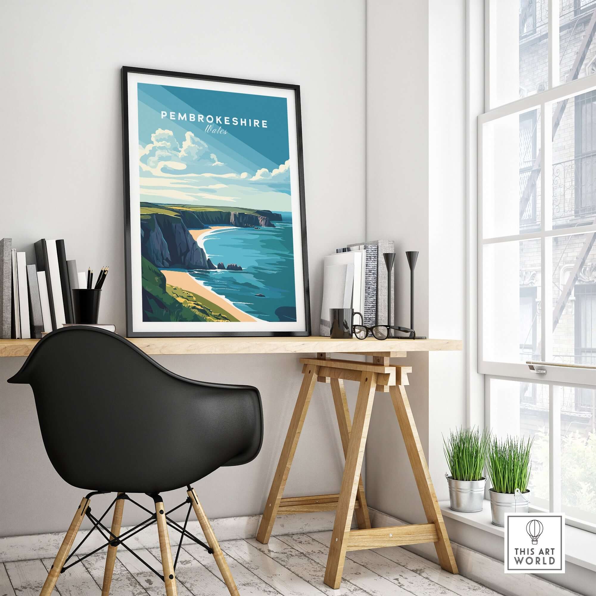 Pembrokeshire Print Wales displayed in a stylish workspace, showcasing the stunning coastline of Pembrokeshire.