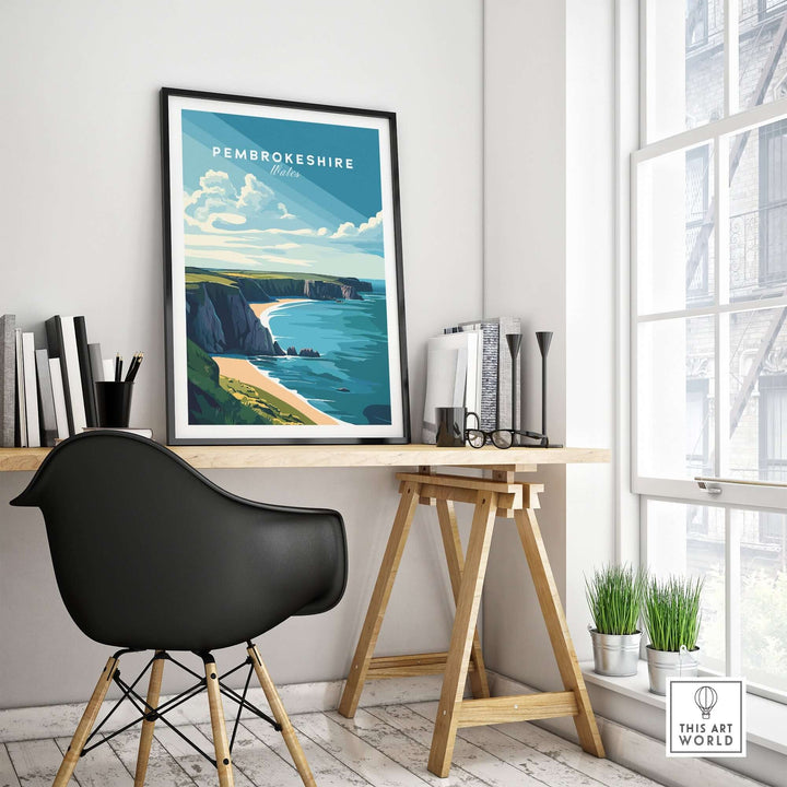 Pembrokeshire print displayed in a modern workspace, showcasing vibrant coastal landscapes and soothing colors.