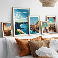 Pembrokeshire Print Wales collection displayed in frames on a stylish wall.