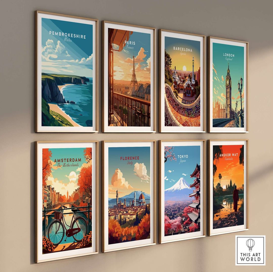 Colorful travel prints featuring Pembrokeshire, Paris, Barcelona, London, Amsterdam, Florence, Tokyo, and Angkor Wat.