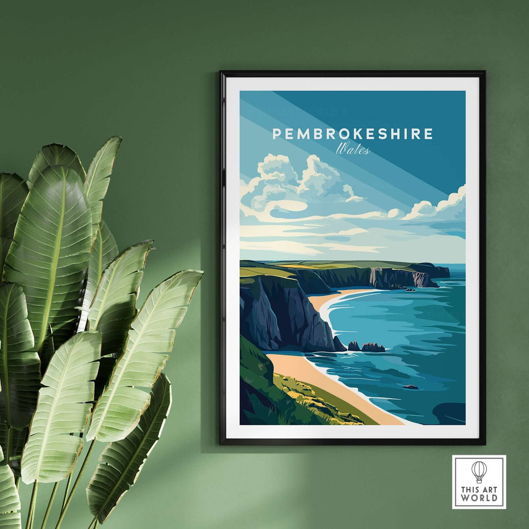 Pembrokeshire Print showcasing vibrant coastal landscape and blue skies, perfect for nature lovers and art enthusiasts.