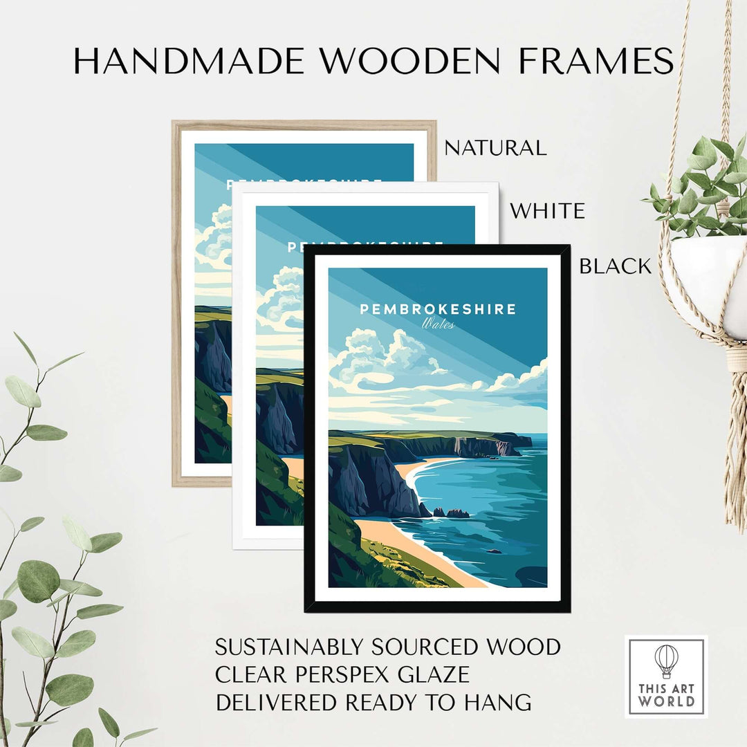 Handmade wooden frames in natural, white, and black, showcasing Pembrokeshire print with sustainably sourced materials.