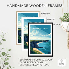 Handmade wooden frames for Pembrokeshire Print Wales in natural, white, and black finishes.