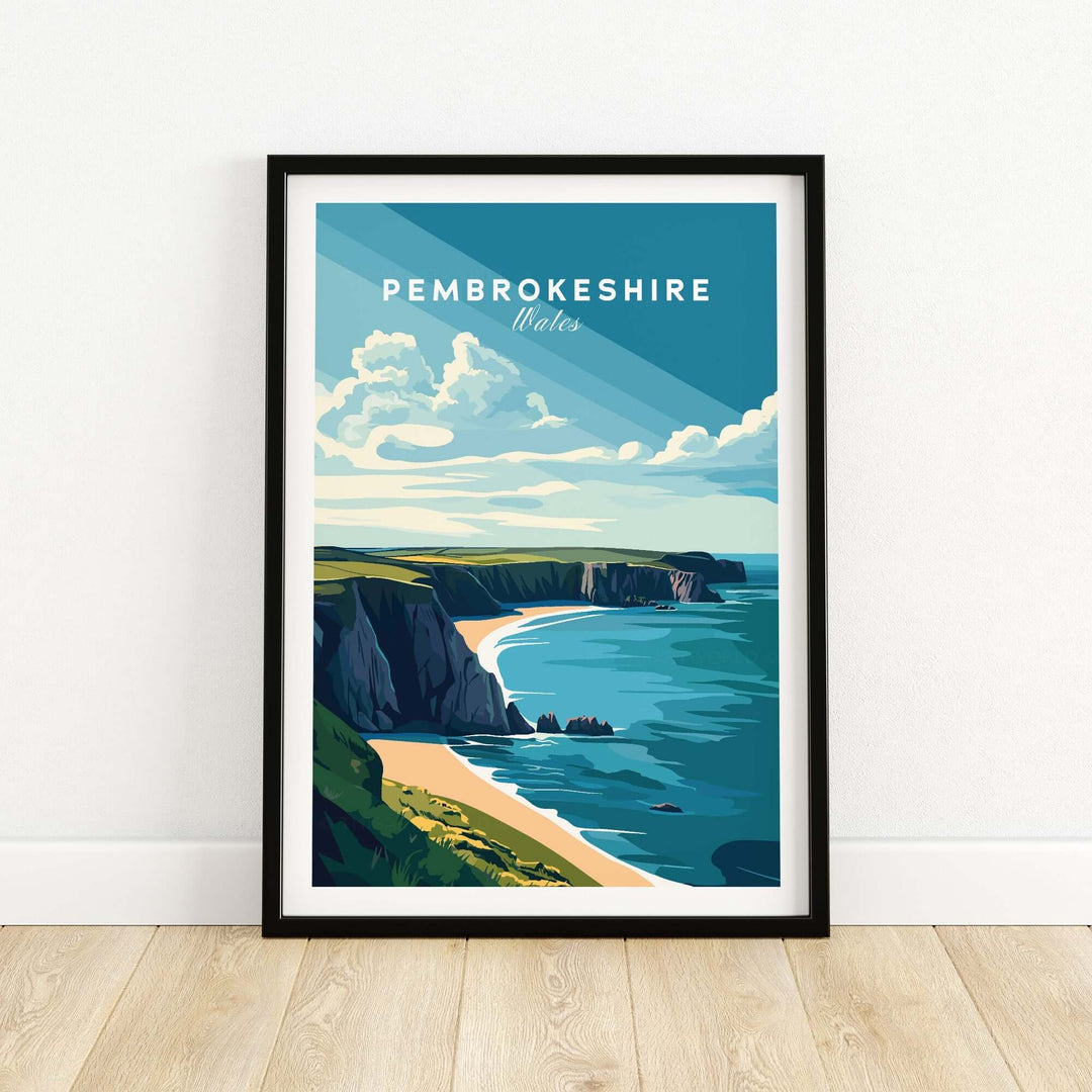 Colorful Pembrokeshire Print showcasing the stunning Welsh coastline and scenic landscapes, framed in a modern style.