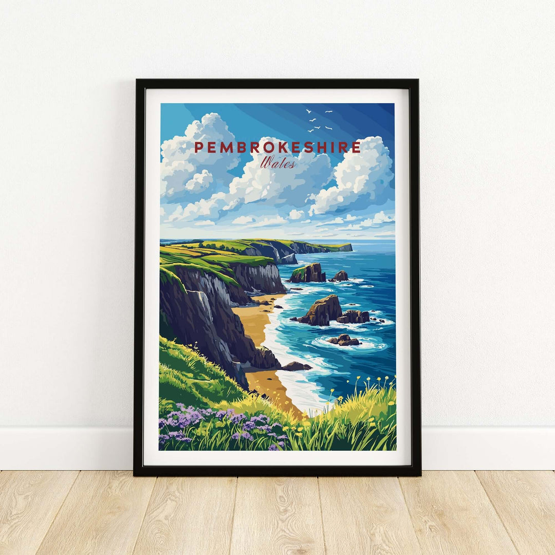 Pembrokeshire Print featuring coastal cliffs and sparkling waters of Wales in a vibrant landscape design.