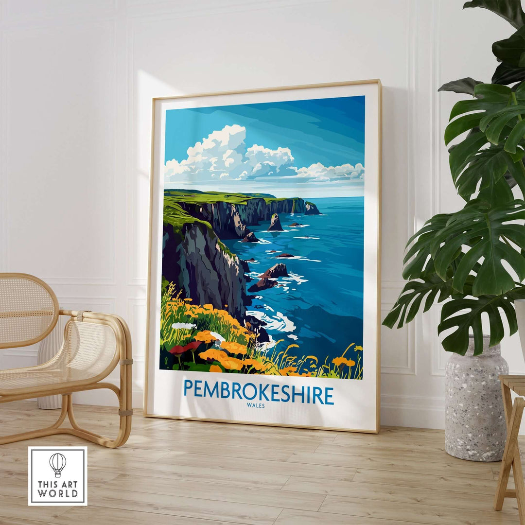 Pembrokeshire travel poster depicting coastal cliffs and vibrant landscapes, perfect for travel enthusiasts' wall decor.