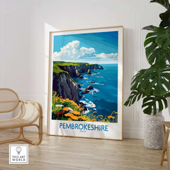Pembrokeshire Travel Poster showcasing coastal views and vibrant colors, perfect for travel lovers.
