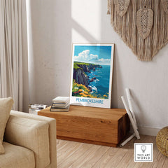 Pembrokeshire Travel Poster showcasing coastal views in a stylish interior setting.