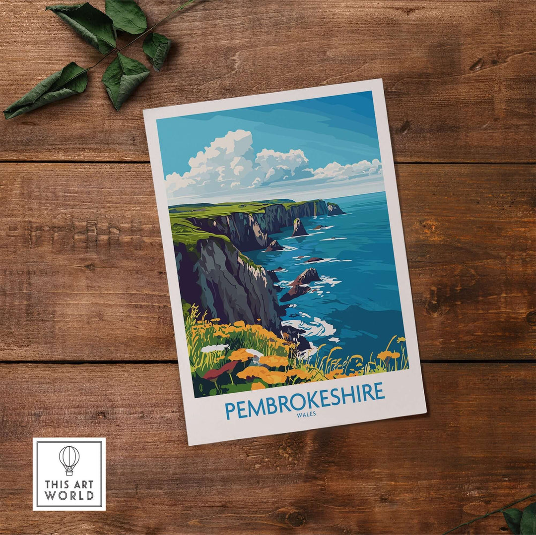 Pembrokeshire travel poster showcasing coastal cliffs and vibrant ocean views, perfect for travel enthusiasts.