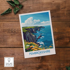 Pembrokeshire Travel Poster showcasing stunning coastal views of Pembrokeshire, perfect for travel lovers.