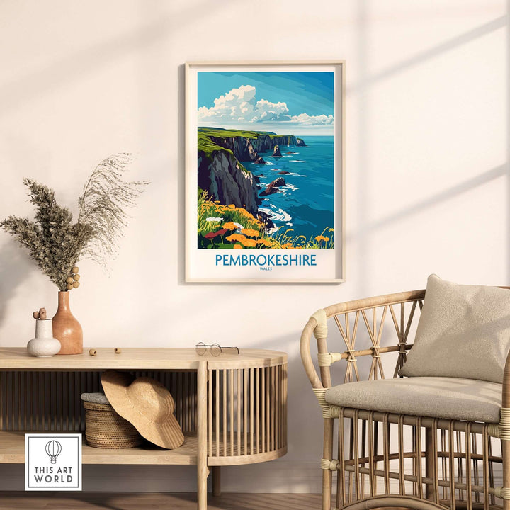 Pembrokeshire travel poster featuring coastal views, framed art in a stylish living space. Perfect for adventure seekers.