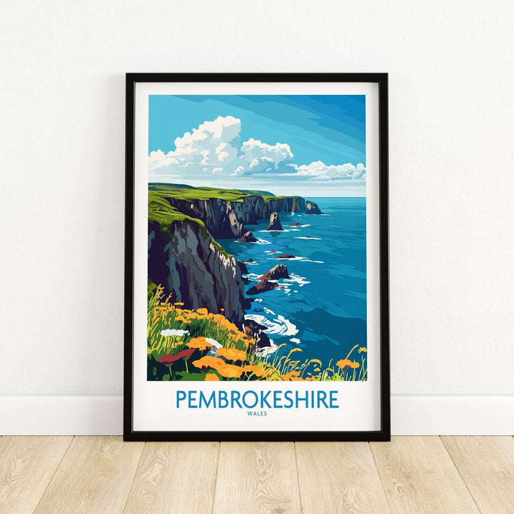 Pembrokeshire travel poster showcasing stunning coastal views and vibrant landscapes of Wales. Perfect for travel lovers.