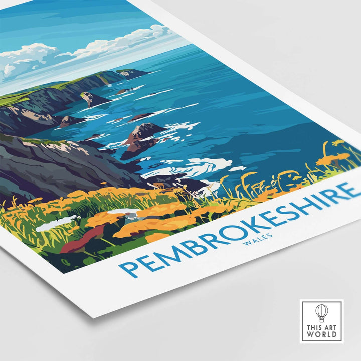 Pembrokeshire travel poster showcasing stunning coastal views and vibrant floral details, perfect for travel enthusiasts.