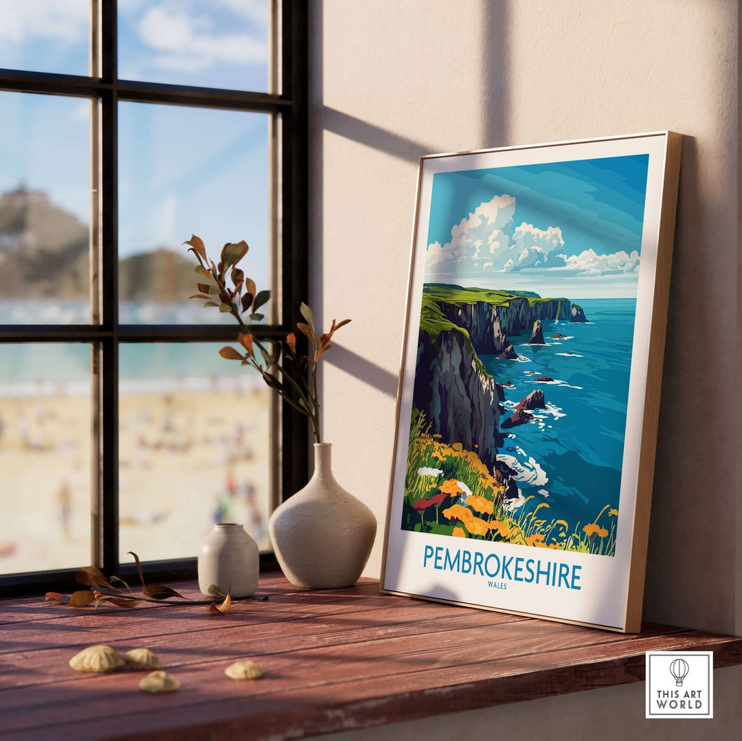 Pembrokeshire travel poster showcasing stunning coastal views, perfect for inspiring adventure and home decor.