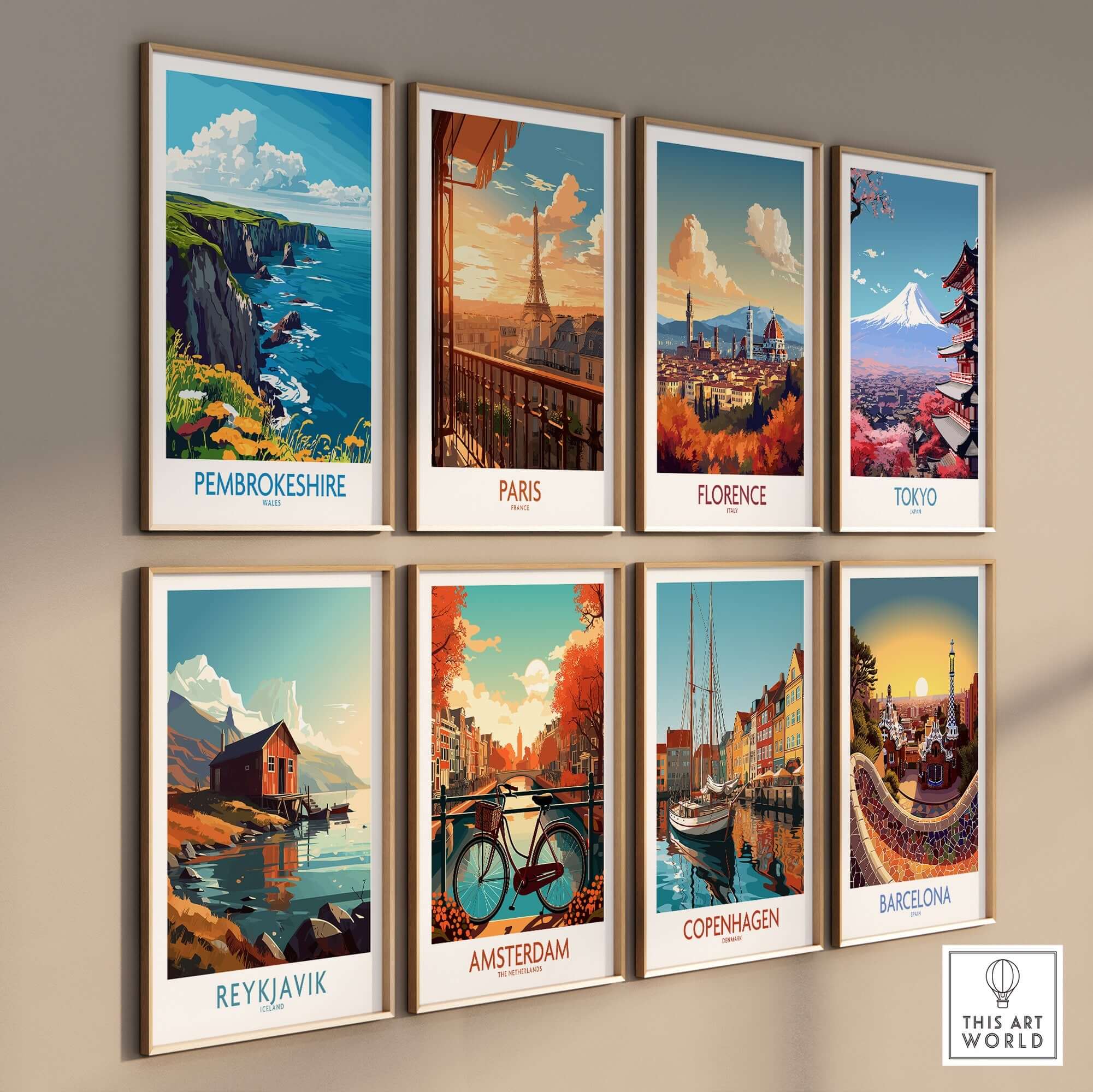 Pembrokeshire Travel Poster among various travel posters on wall, showcasing stunning coastal views and iconic landmarks.