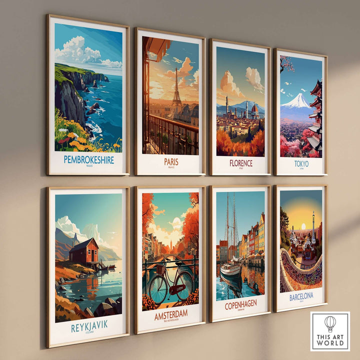 Collection of vibrant travel posters featuring Pembrokeshire, Paris, Florence, Tokyo, Reykjavik, Amsterdam, Copenhagen, and Barcelona.