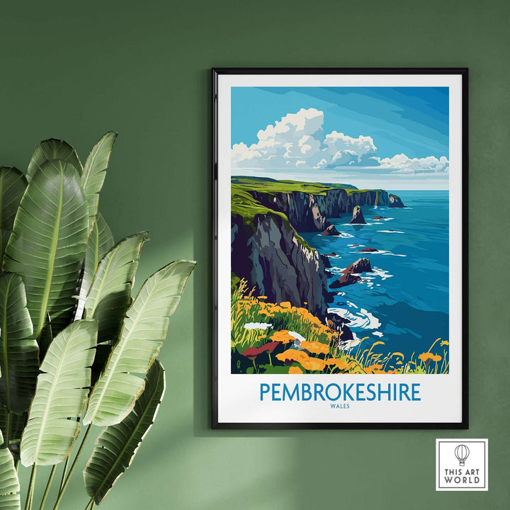 Pembrokeshire travel poster showcasing scenic coastal views and vibrant greenery, perfect for travel enthusiasts' wall decor.