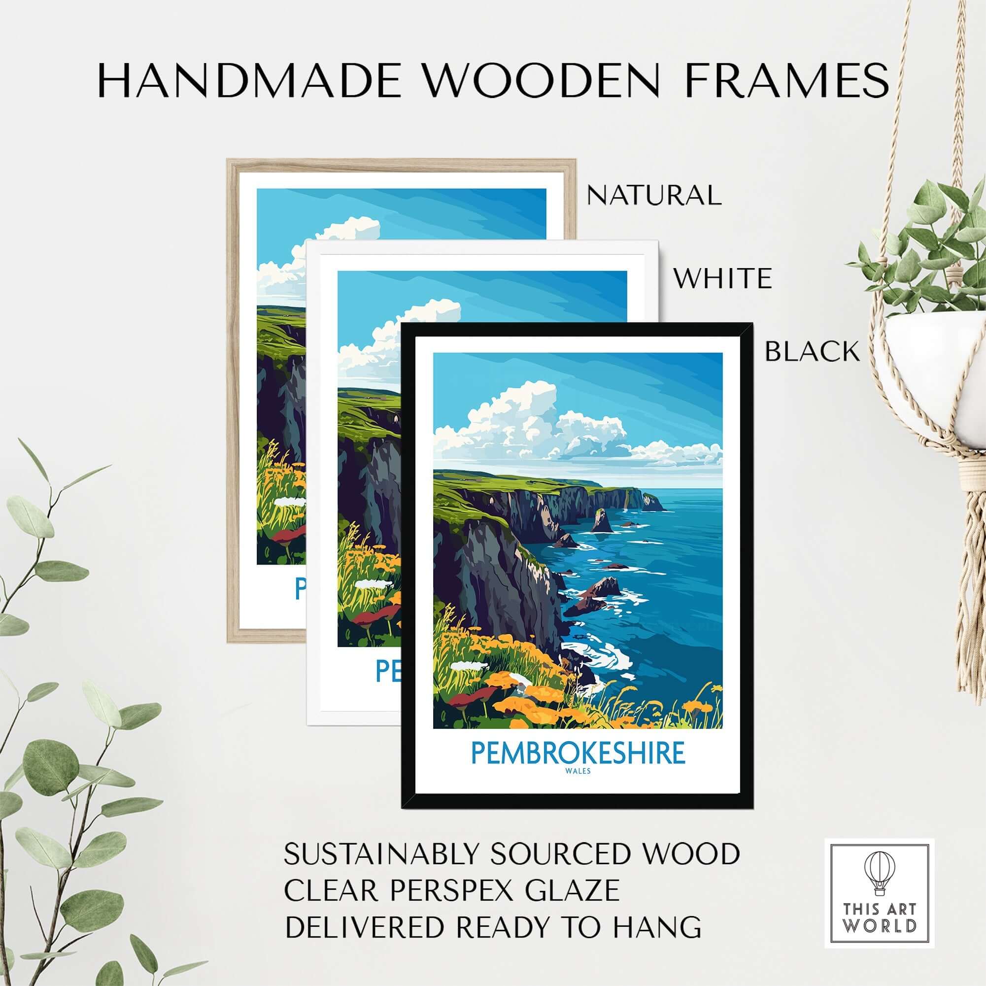Pembrokeshire Travel Poster framed in handmade wooden frames with natural, white, and black options.
