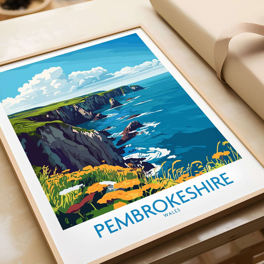 Pembrokeshire travel poster showcasing coastal cliffs and vibrant flowers, perfect for travel enthusiasts.