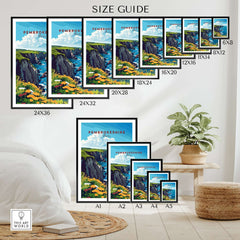 Pembrokeshire Travel Print size guide showcasing various frame sizes for home decor.