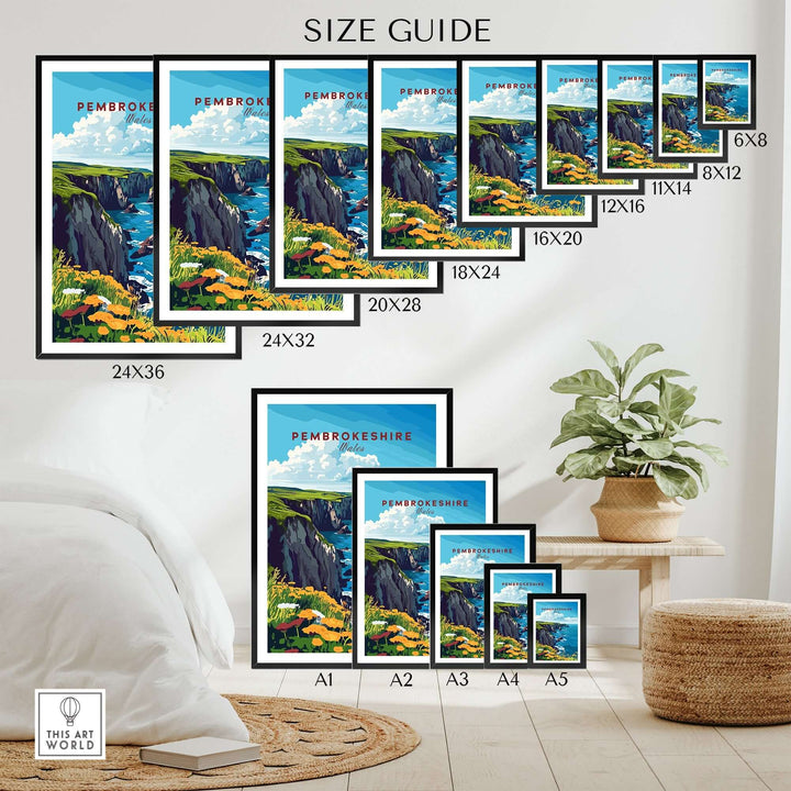 Size guide for Pembrokeshire travel print showcasing various frame sizes in a stylish home setting.