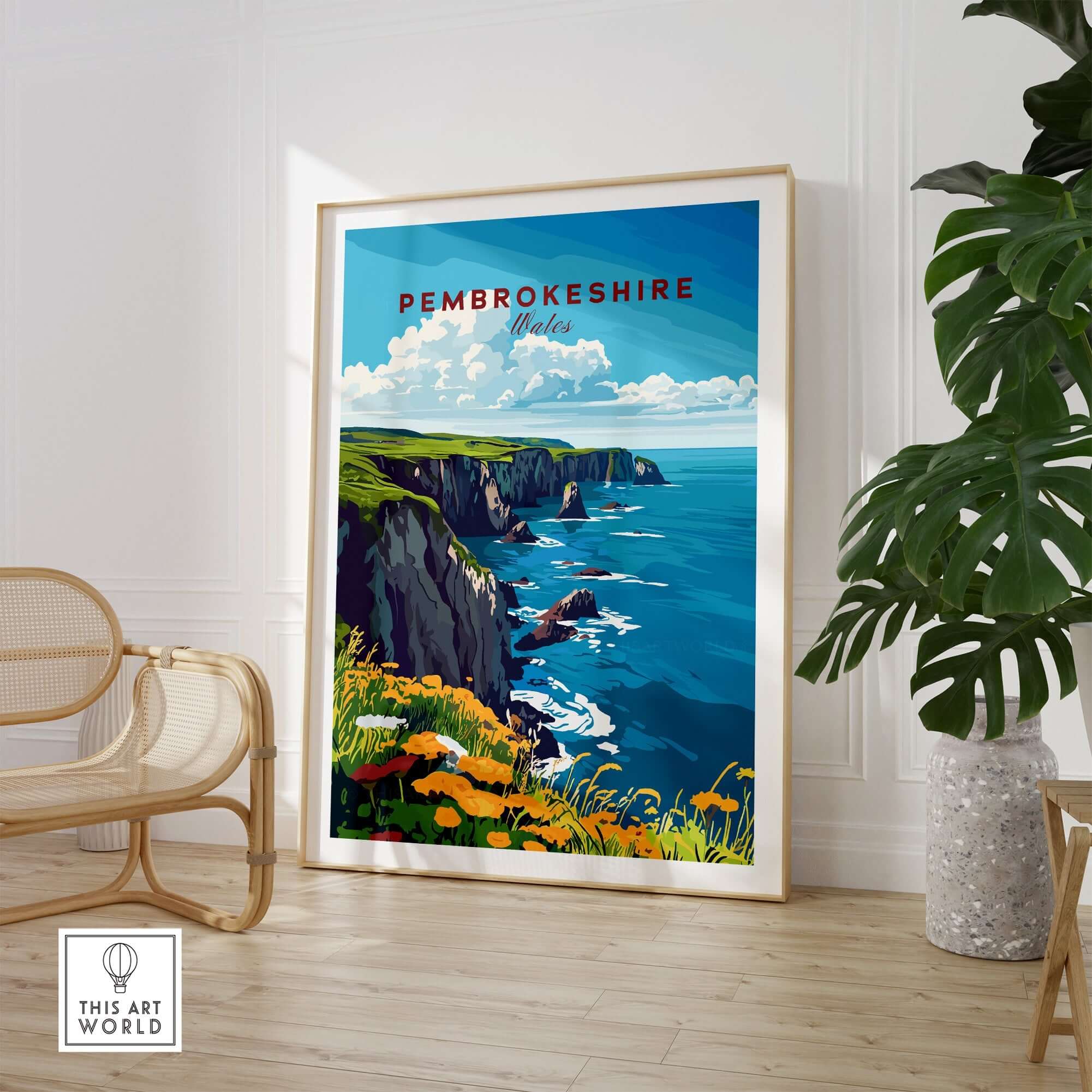 Pembrokeshire Travel Print showcasing the stunning Pembrokeshire coast, perfect for home decor.