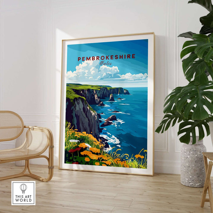 Pembrokeshire travel print featuring coastal cliffs and vibrant flowers, ideal for home decor and travel enthusiasts.