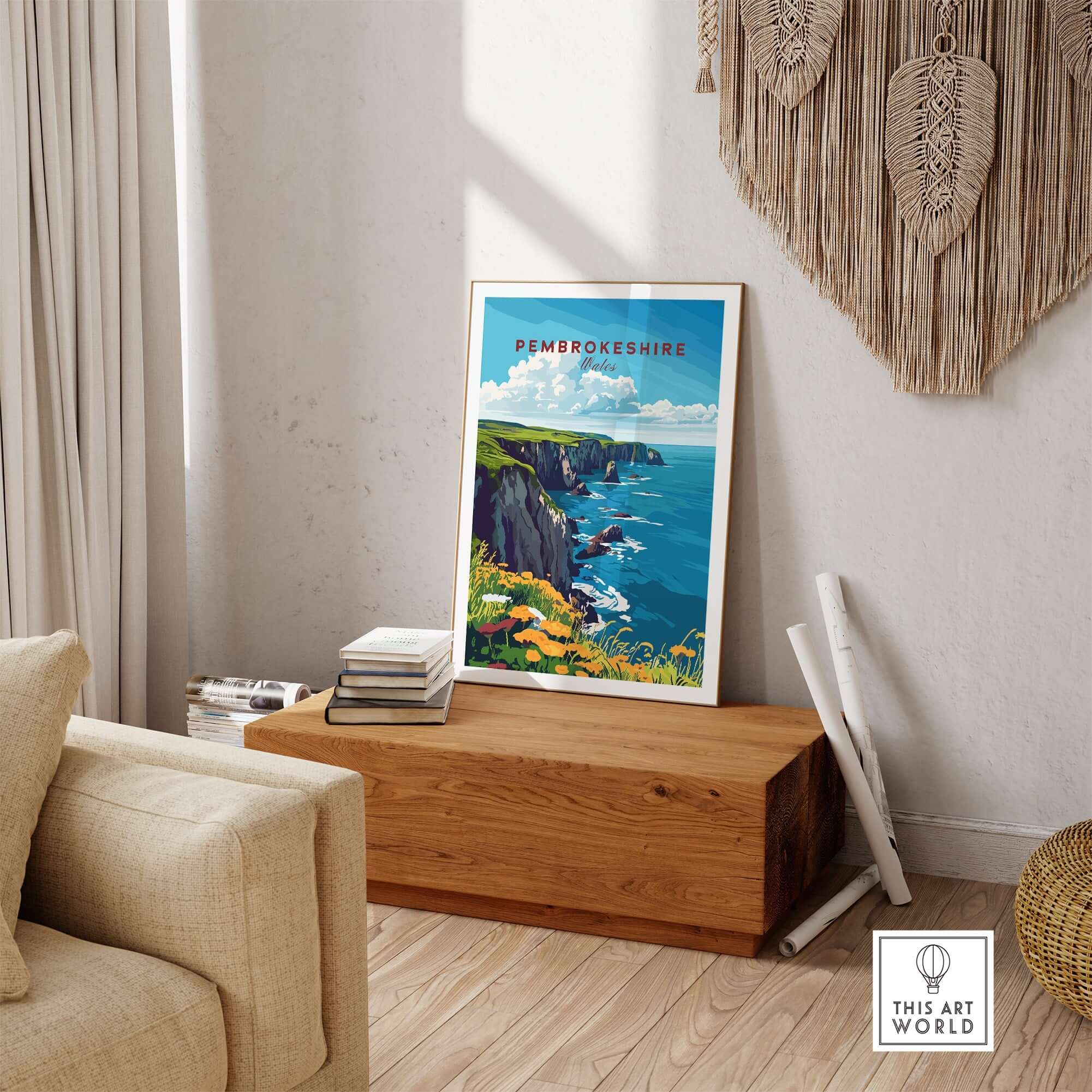 Pembrokeshire Travel Print displayed in a stylish living room setting, highlighting the coastal scenery.