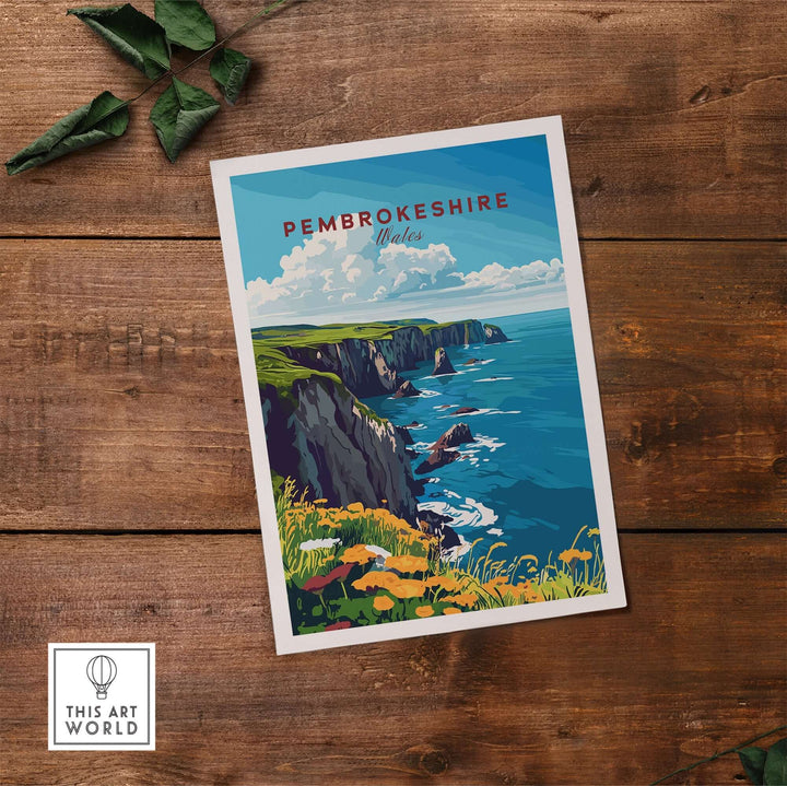 Pembrokeshire travel print featuring scenic coastline and vibrant colors, perfect for home decor and travel enthusiasts.