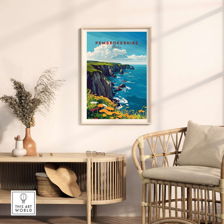 Pembrokeshire travel print hanging in a bright living room, showcasing the scenic beauty of the Pembrokeshire coast.