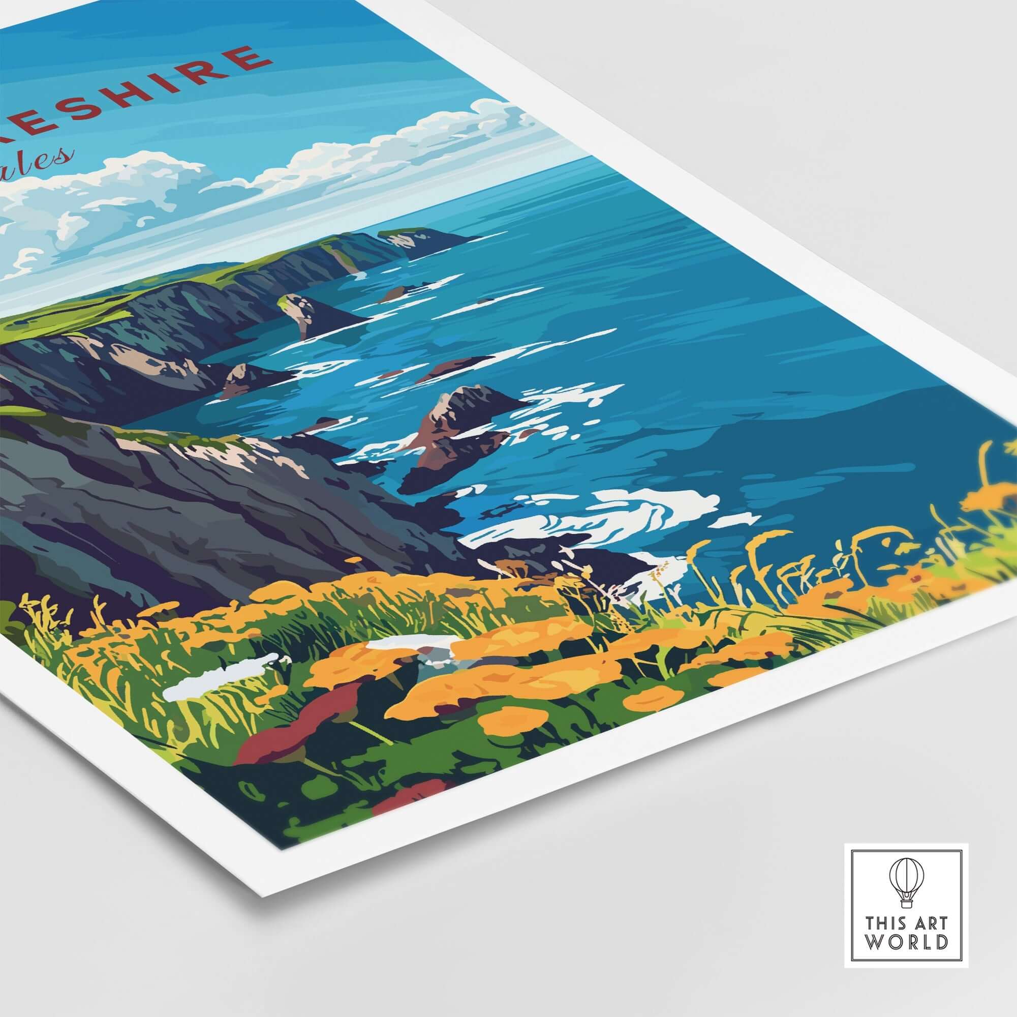 Pembrokeshire Travel Print featuring a colorful illustration of the Pembrokeshire coast and vibrant flowers.