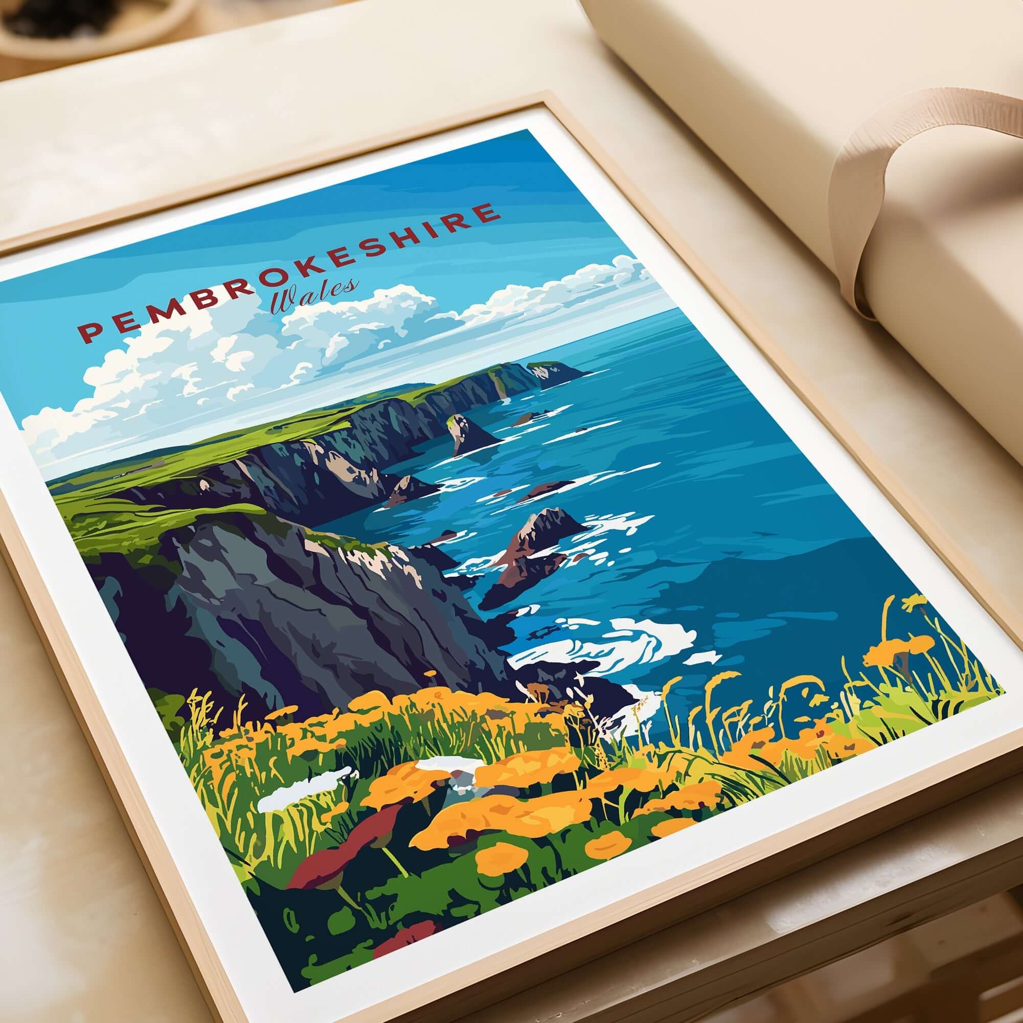 Pembrokeshire Travel Print showcasing the stunning Pembrokeshire coast with vibrant colors and scenic views.